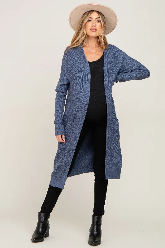 cardigan with drop shoulders -cardigan with drop shoulders -Blue Open Front Long Maternity Cardigan