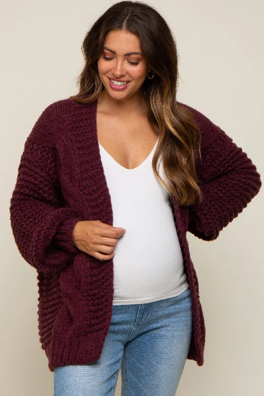 cardigan with ruched details -cardigan with ruched details -Burgundy Chunky Knit Maternity Cardigan