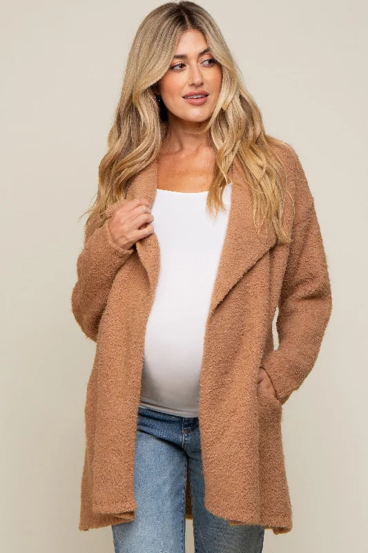 cardigan for minimalist wardrobe -cardigan for minimalist wardrobe -Camel Fuzzy Knit Draped Maternity Cardigan