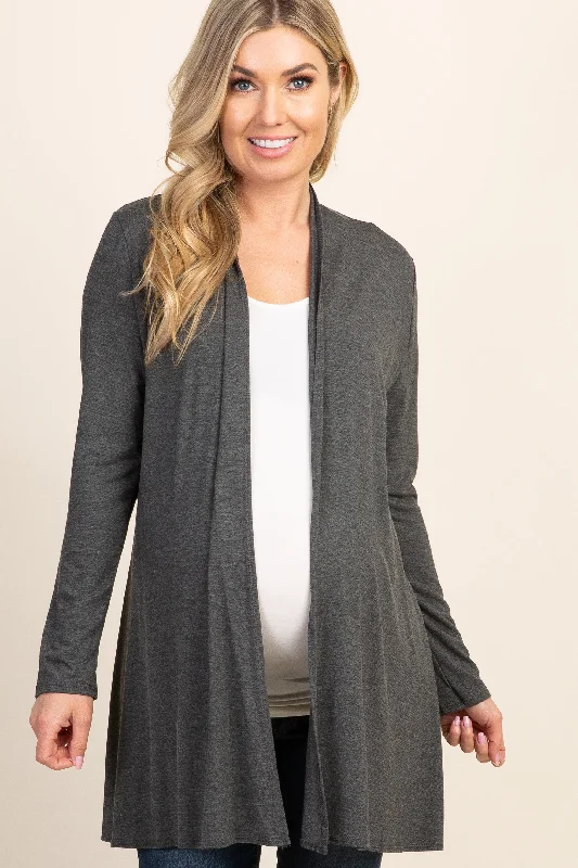 soft lavender cardigan -soft lavender cardigan -Charcoal Grey Solid Long Sleeve Maternity Cardigan