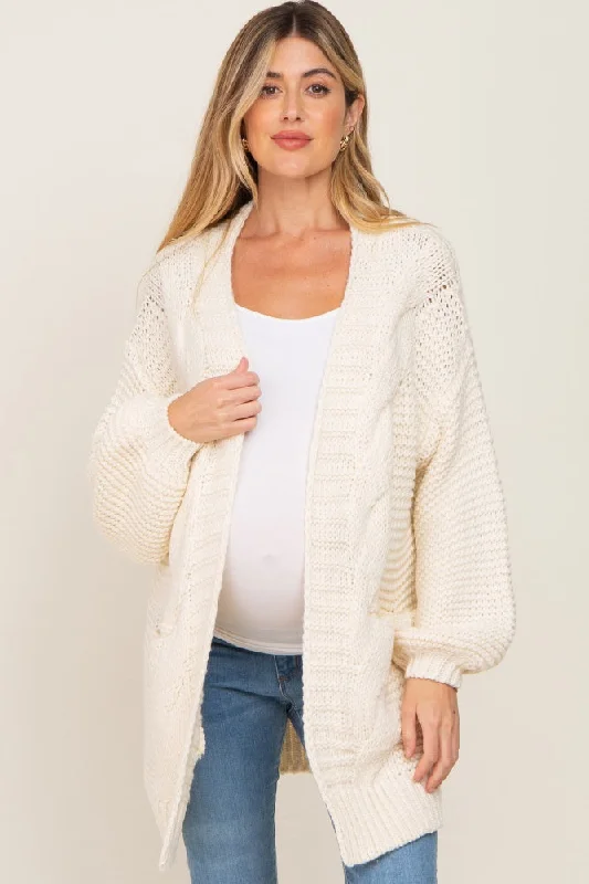 cardigan for travel comfort -cardigan for travel comfort -Cream Cable Knit Front Pocket Maternity Cardigan