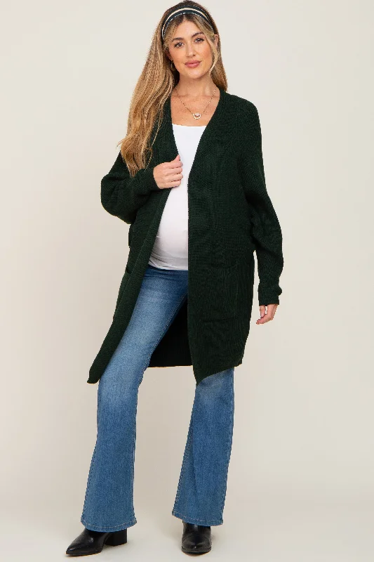 cardigan for winter nights -cardigan for winter nights -Forest Green Pocketed Knit Maternity Cardigan