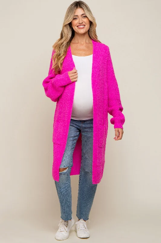 cardigan for evening chill -cardigan for evening chill -Fuchsia Chunky Waffle Knit Maternity Cardigan