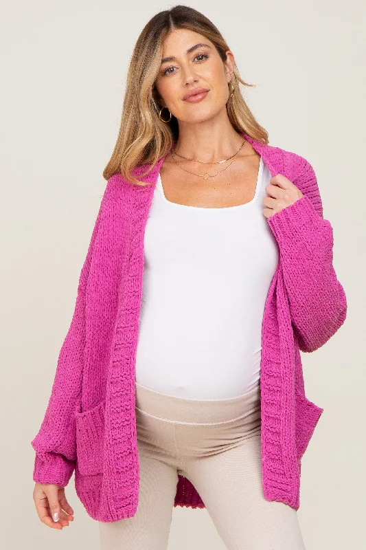 cardigan with long hem -cardigan with long hem -Fuchsia Oversized Bubble Sleeve Maternity Cardigan