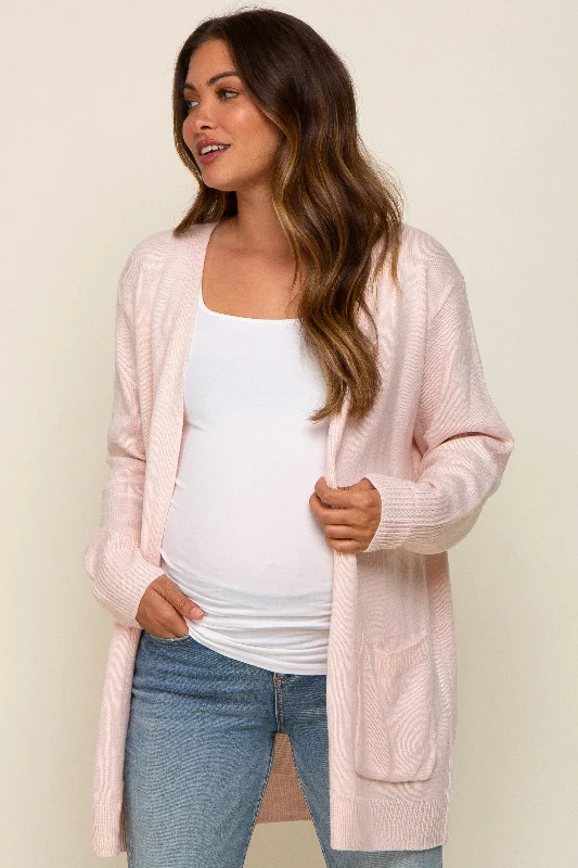 cardigan for boho chic -cardigan for boho chic -Light Pink Front Pocket Maternity Cardigan