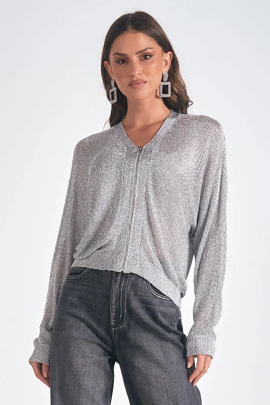 cardigan with deep pockets -cardigan with deep pockets -Metallic Zip Cardigan