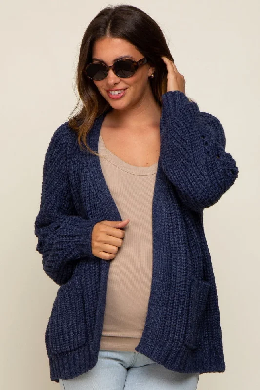 sand cardigan neutral -sand cardigan neutral -Navy Blue Chunky Knit Maternity Cardigan