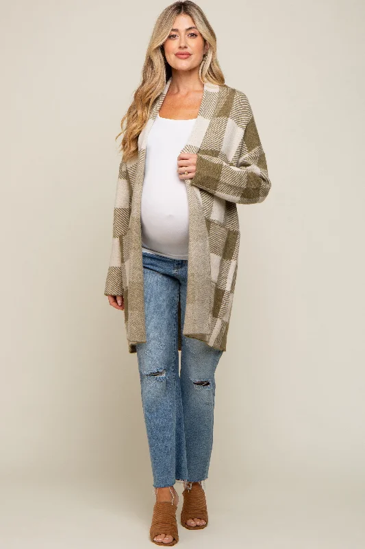 ochre cardigan warm -ochre cardigan warm -Olive Plaid Shawl Maternity Cardigan