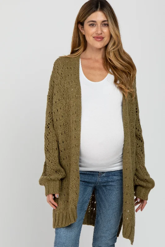 cardigan with side vents -cardigan with side vents -Olive Pointelle Knit Maternity Cardigan