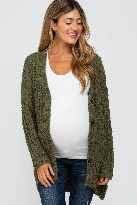 cardigan for cool nights -cardigan for cool nights -Olive Popcorn Knit Hi-Low Maternity Cardigan