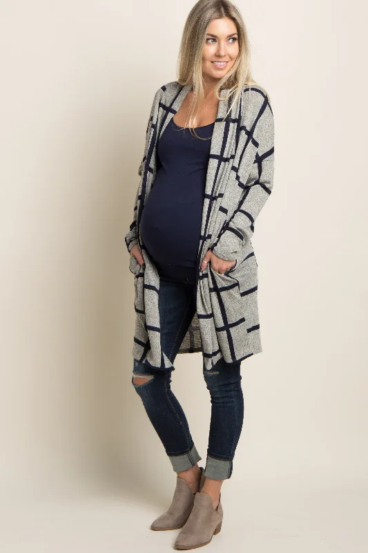 cardigan with ribbed texture -cardigan with ribbed texture -PinkBlush Grey Plaid Long Knit Maternity Cardigan