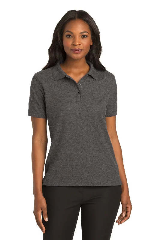 grey flannel shirts cozy -Port Authority Womens Silk Touch Wrinkle Resistant Short Sleeve Polo Shirt - Heather Charcoal Grey