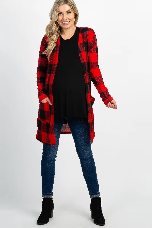 cardigan for casual elegance -cardigan for casual elegance -Red Plaid Long Sleeve Maternity Cardigan