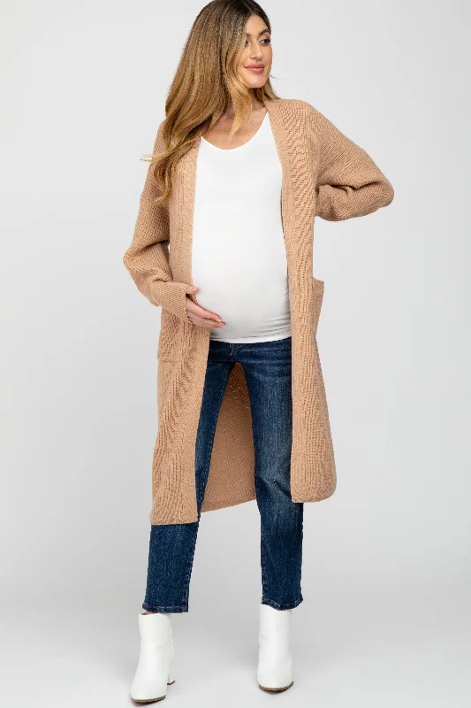 cardigan for casual comfort -cardigan for casual comfort -Taupe Bubble Sleeve Long Maternity Cardigan