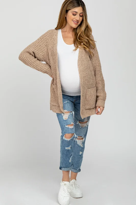 cardigan with puff sleeves -cardigan with puff sleeves -Taupe Ribbed Cable Knit Maternity Cardigan