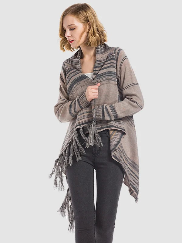 cardigan for casual looks -cardigan for casual looks -Angel Wings Tassel Striped Open Front Long Sleeve Cardigan