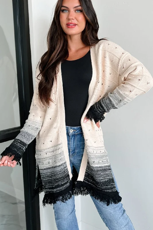 best cardigan brands -best cardigan brands -Autumn Weather Ombre Fringe Cardigan (Natural/Black)