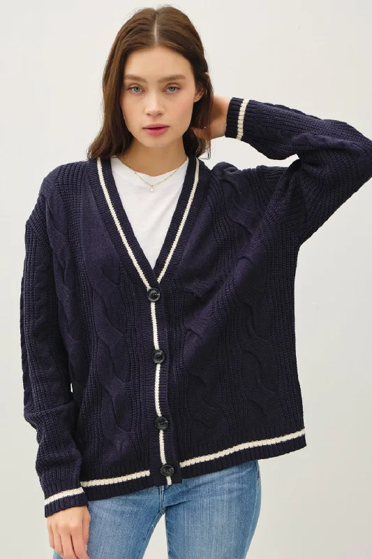 cardigan for relaxed outfits -cardigan for relaxed outfits -Be Cool Contrast Trim Cable-Knit V-Neck Cardigan