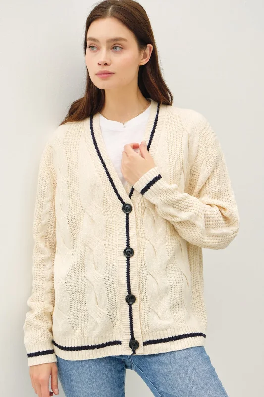 cardigan with ribbed neck -cardigan with ribbed neck -Be Cool Contrast Trim Cable-Knit V-Neck Cardigan