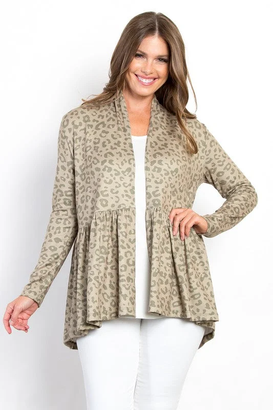 cardigan for cozy looks -cardigan for cozy looks -Be Stage Full Size Peplum Leopard Open Front Long Sleeve Cardigan