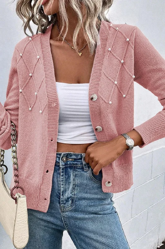 cardigan for casual fashion -cardigan for casual fashion -Beaded V-Neck Button Up Long Sleeve Cardigan