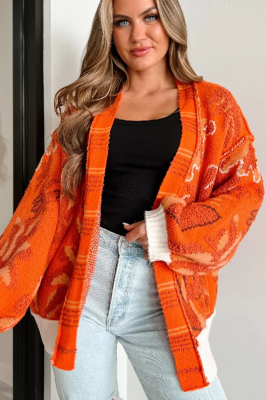 cardigan for autumn trends -cardigan for autumn trends -Bright Spot Open Front Floral Cardigan (Fire Orange)