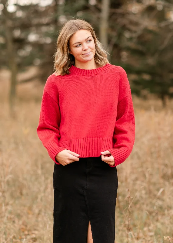 cardigan with long neck -cardigan with long neck -Crewneck Cherry Red Knit Sweater