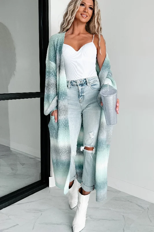 cardigan for relaxed comfort -cardigan for relaxed comfort -Embrace The Boho Ombre Duster Cardigan (Green/Grey Multi)