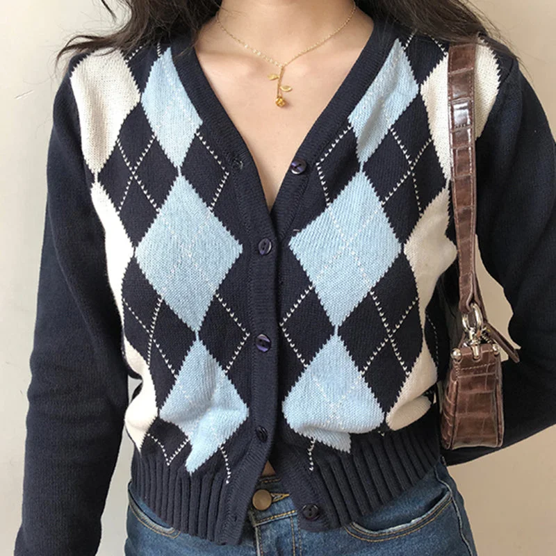 cardigan for cozy comfort -cardigan for cozy comfort -Amy Fashion - Vintage V-Neck Plaid Long Sleeve Cardigan