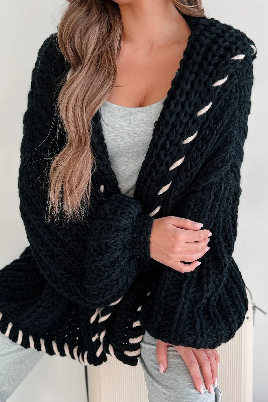 cardigan with drop shoulders -cardigan with drop shoulders -Warm Emotions Stitch Edged Chunky Knit Cardigan (Black)