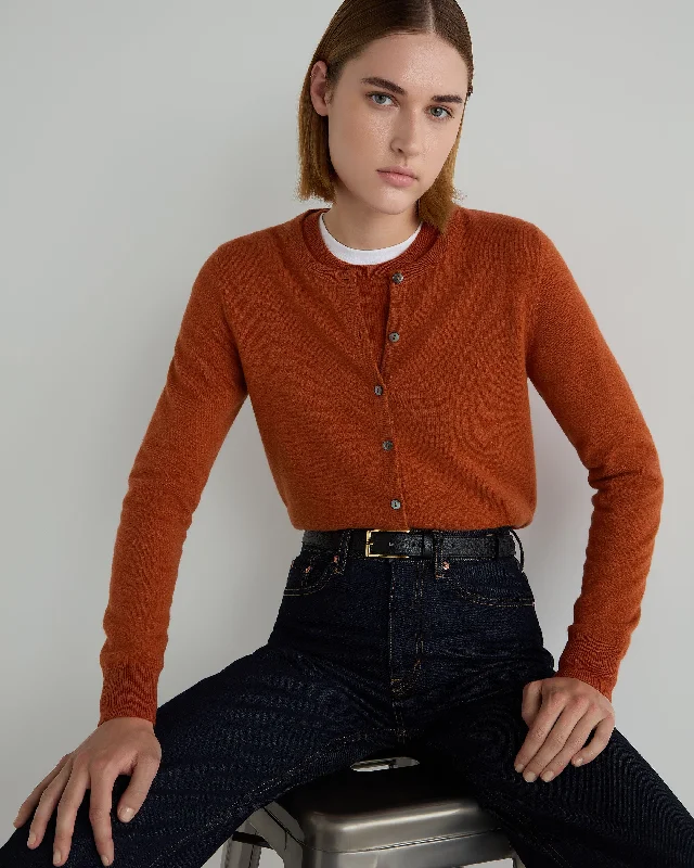 cardigan for cozy mornings -cardigan for cozy mornings -Women's Olivia Round Neck Cashmere Cardigan Rust Orange