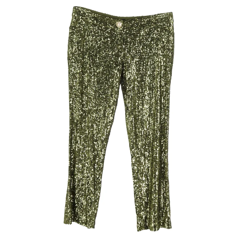 pink dress pants chic -Balmain Cropped Stretch-Tulle Flared Pants in Green Sequins