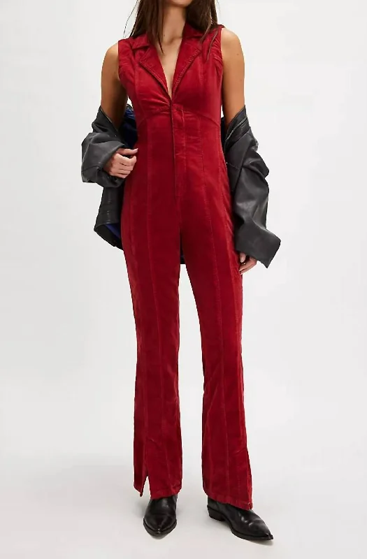 green dress pants for work -Crvy Ring The Alarm Corduroy One-Piece In Haute Red