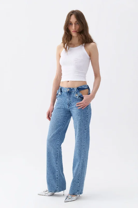 green cargo pants for women -Cut-Out Detailed High Waist Jeans