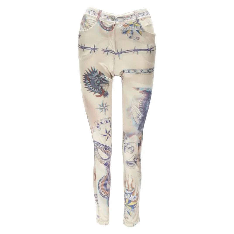 grey skinny jeans pants trendy -Jean Paul Gaultier Punk Tattoo Print Polyamide Skinny Pants