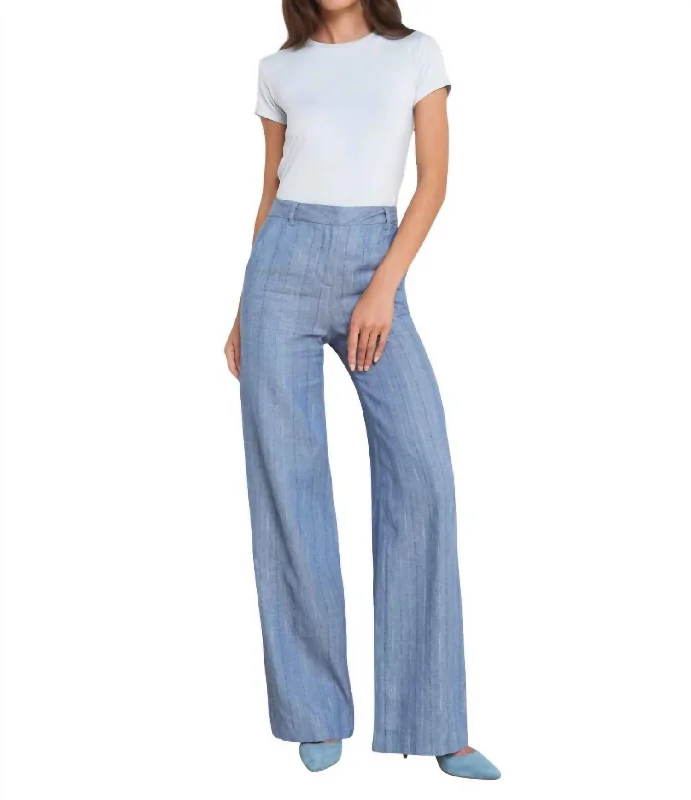 beige high waisted pants elegant -Livvy Straight Leg Trouser In Slate Blue Pinstripe