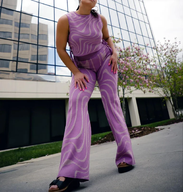 white sweatpants comfy -Lurex Swirl Flare Pants In Lilac