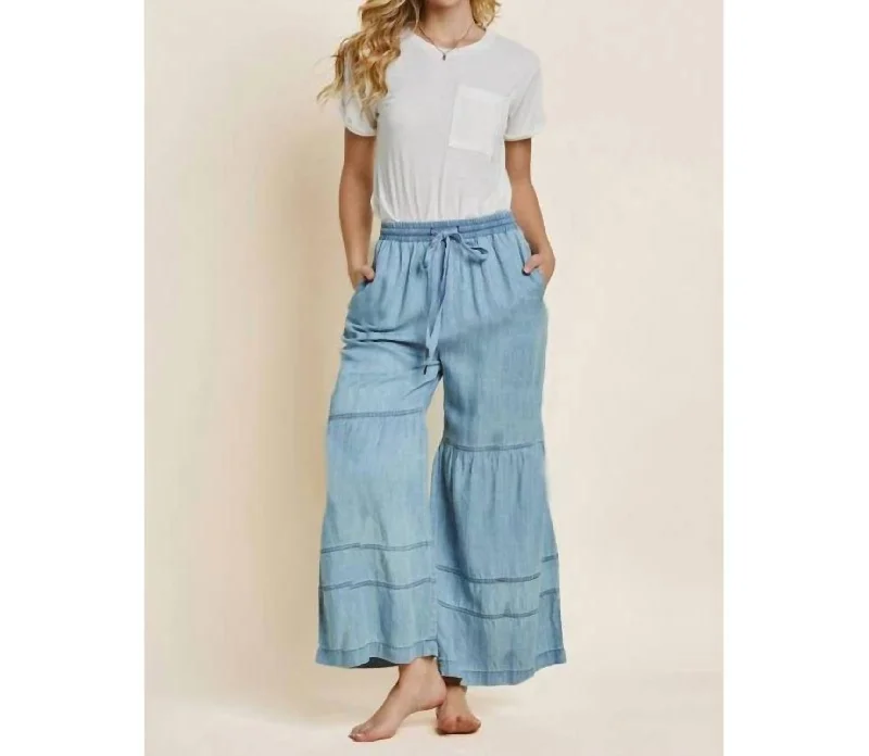 pink jogger pants cute -Maggie Tiered Wide Leg Pants In Washed Denim