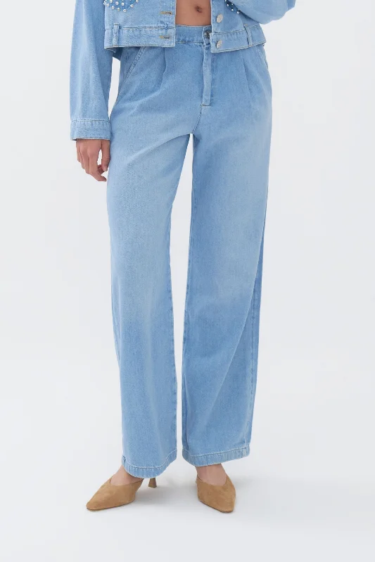 blue dress pants classic -Pleated Wide Leg Jeans