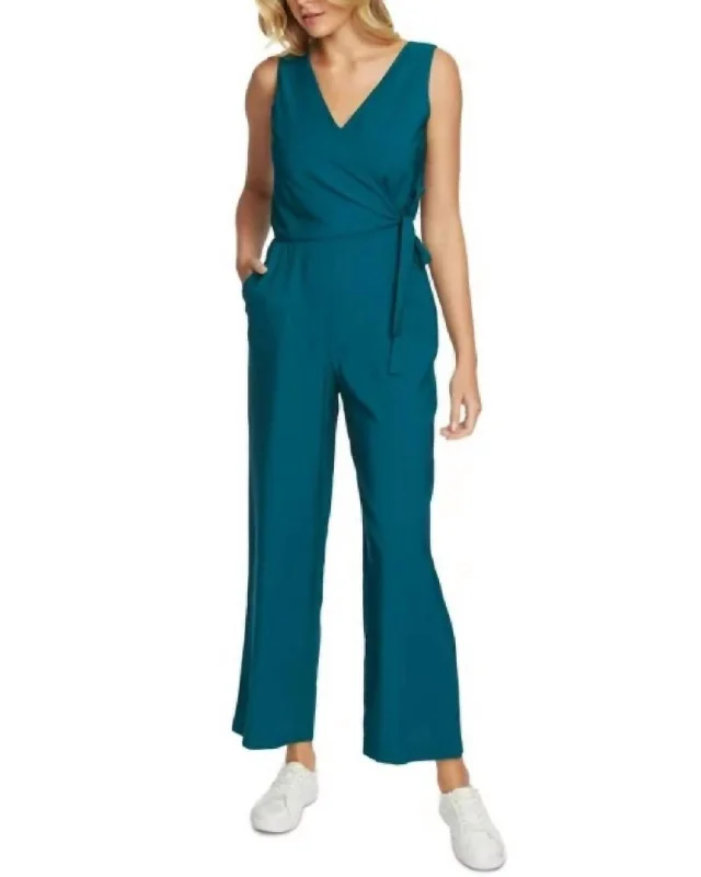 black straight pants timeless -Sleeveless Vneck Wrap Cropped Jumpsuit In Blue Green