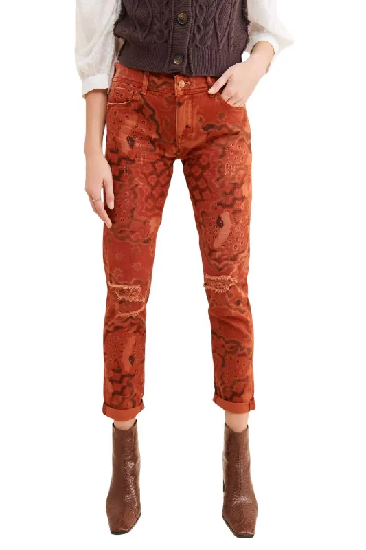 navy tailored pants smart -Slim Boyfriend Crop Pants In Orange Motif