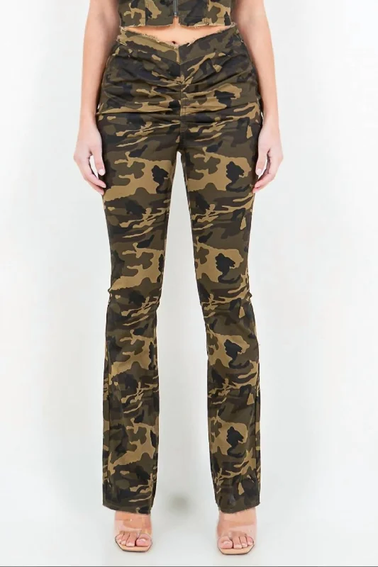 black cargo pants for outdoors -V-Cut Camo Flared Pants In Olive Camo