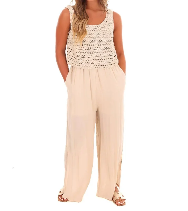 khaki straight pants neutral -Walk On The Beach Crochet Jumpsuit In Shell