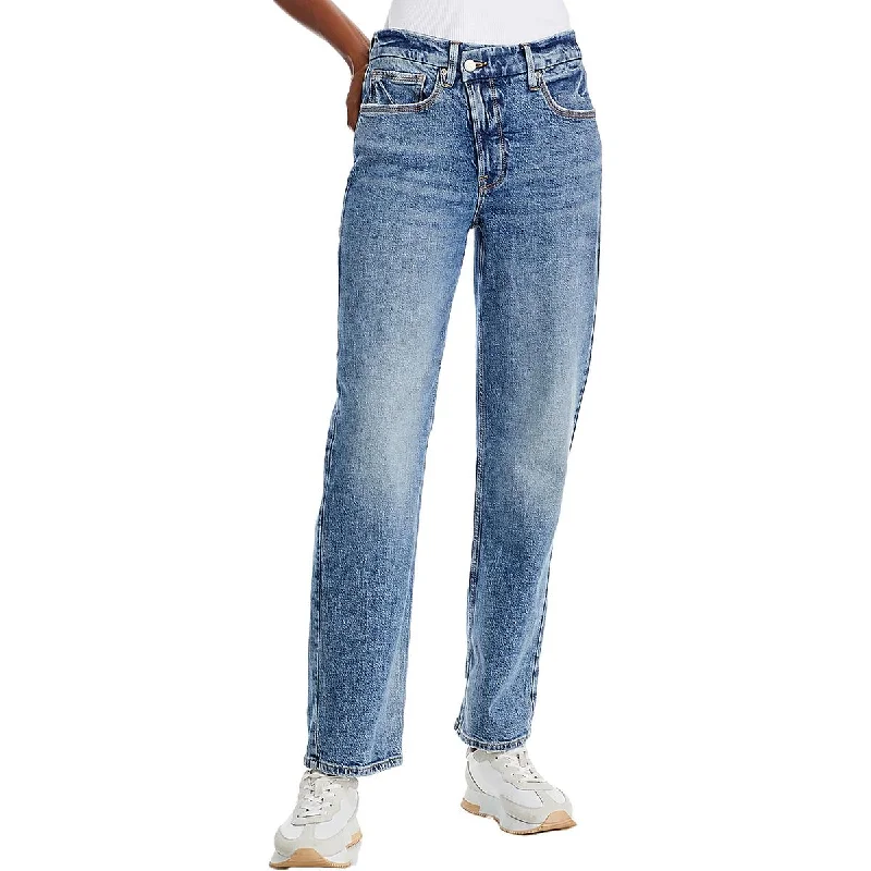 black straight pants classic -Womens Denim Distressed Straight Leg Jeans