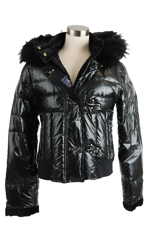 tan cotton sweatshirts -Shiny Quilted Down Puffer Jacket W/ Fur Hood